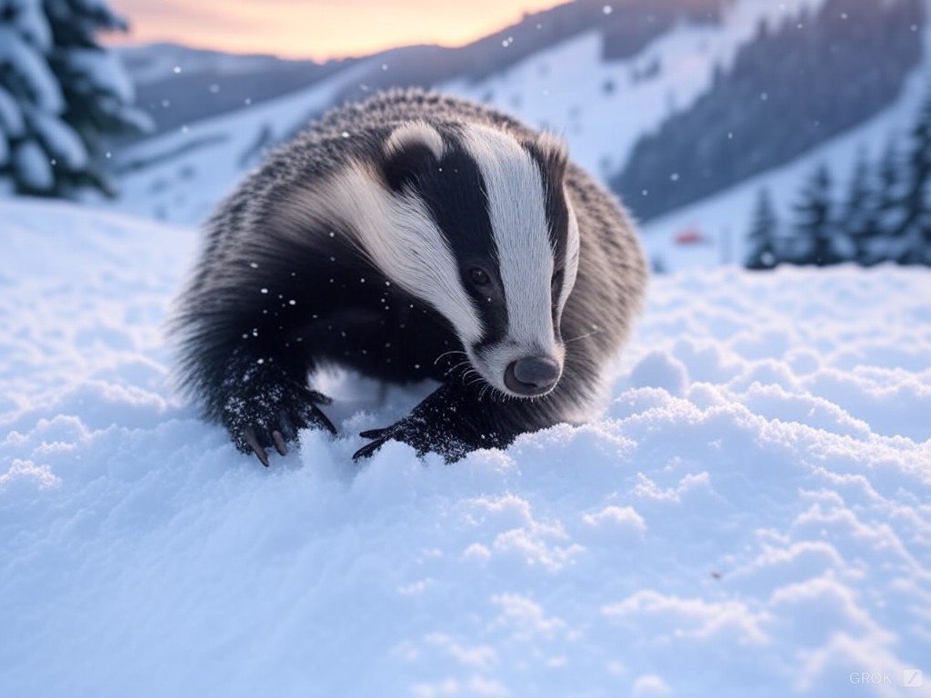 A badger in deep snow in the mountains